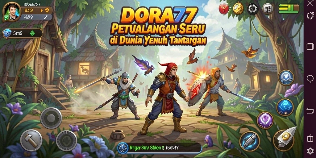 Tangkapan layar DORA77 menunjukkan karakter utama menjelajahi dunia yang penuh warna.
