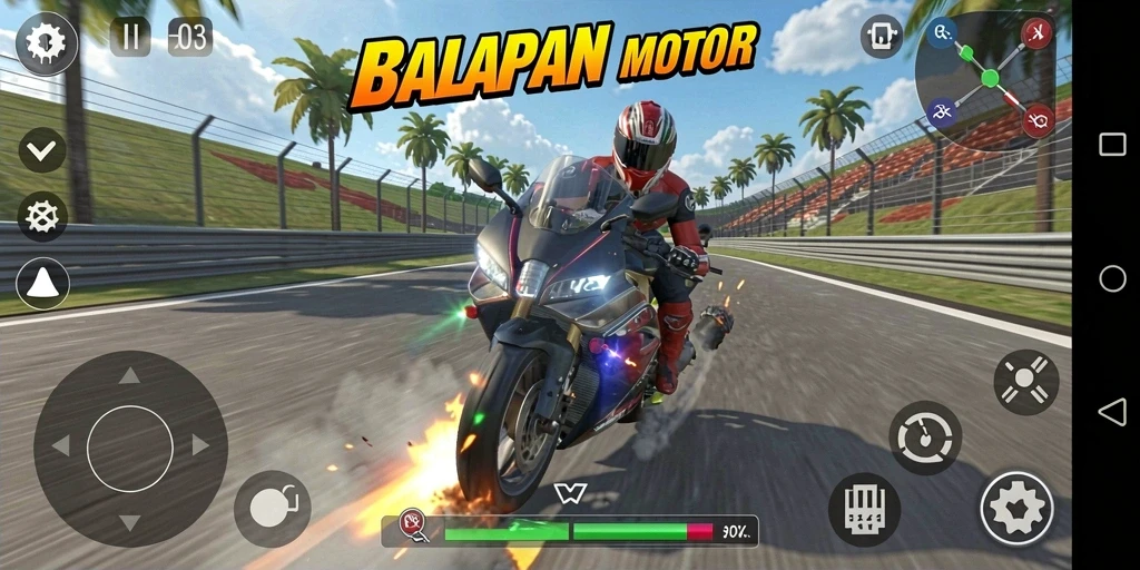 Screenshot H03 menampilkan aksi balap motor yang mendebarkan.