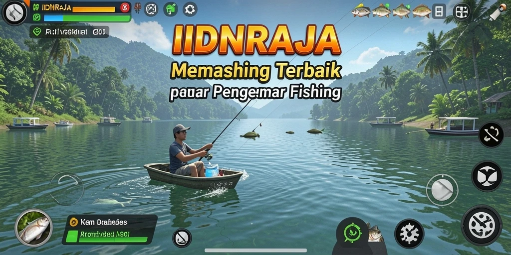 Tangkapan layar gameplay <strong>IDNRAJA</strong> yang menampilkan berbagai lokasi memancing yang indah.