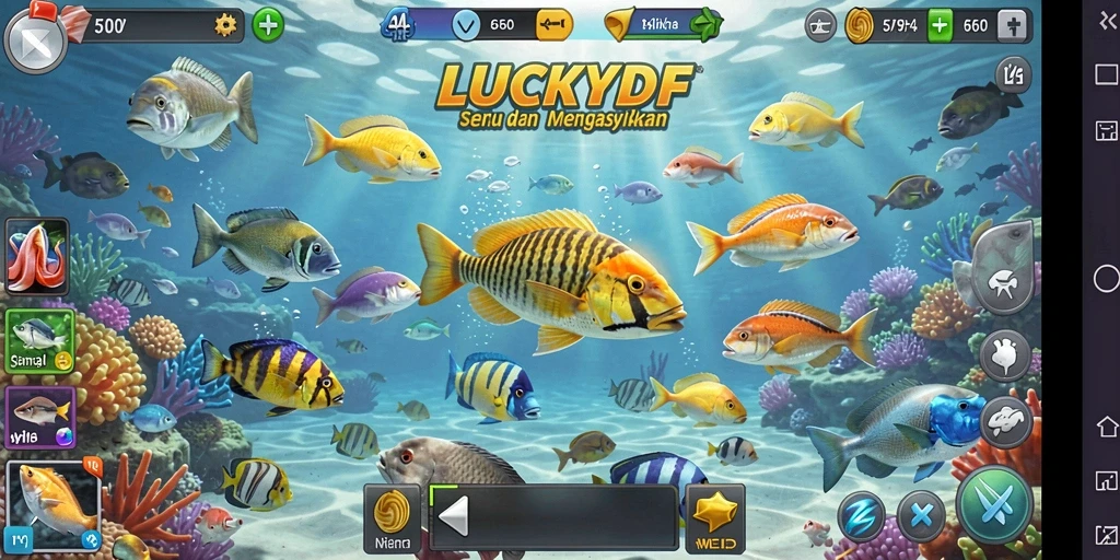 Tampilan gameplay seru dalam LUCKYDF saat menembak ikan.