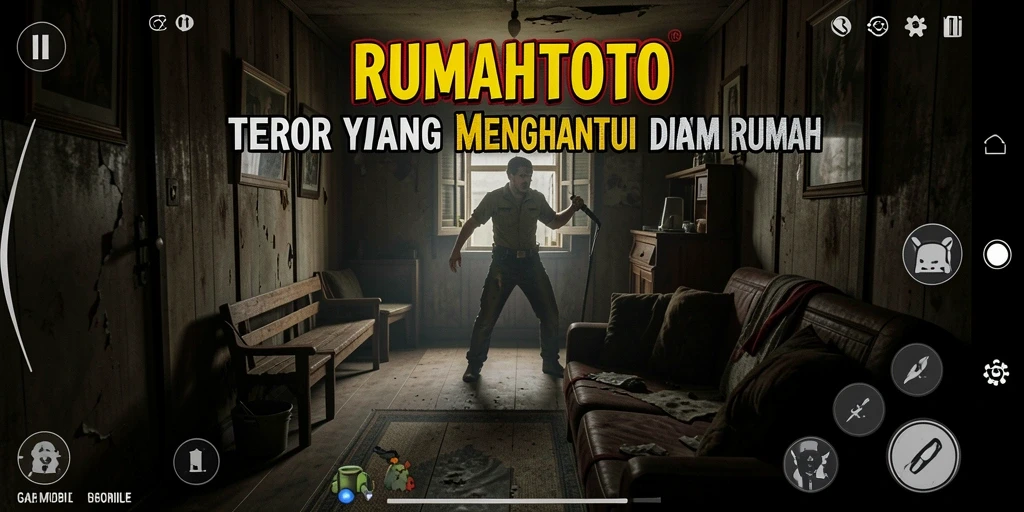 Tampilan gameplay RUMAHTOTO yang penuh ketakutan dan kegelapan.