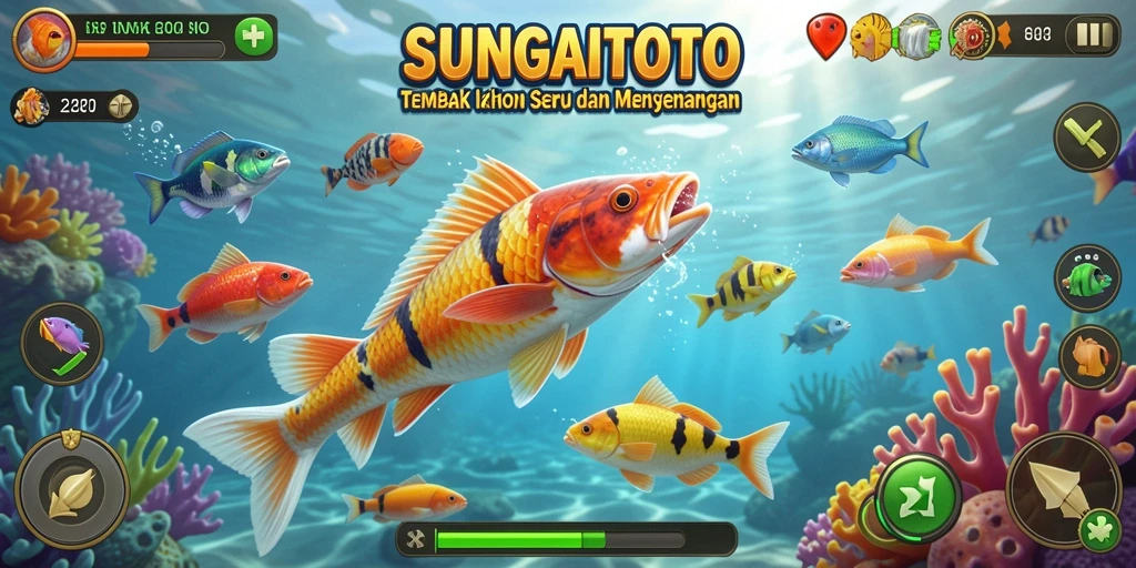 Tangkapan layar SUNGAITOTO menampilkan aksi menembak ikan yang mendebarkan.